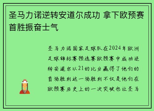 圣马力诺逆转安道尔成功 拿下欧预赛首胜振奋士气